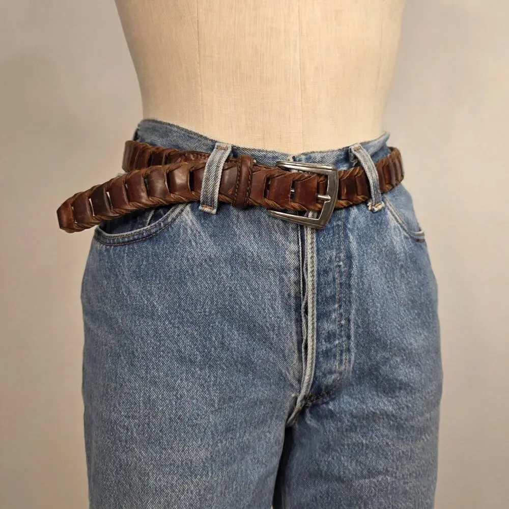 Vintage Brown Woven Leather Belt Boho Western Coastal Boho Distressed